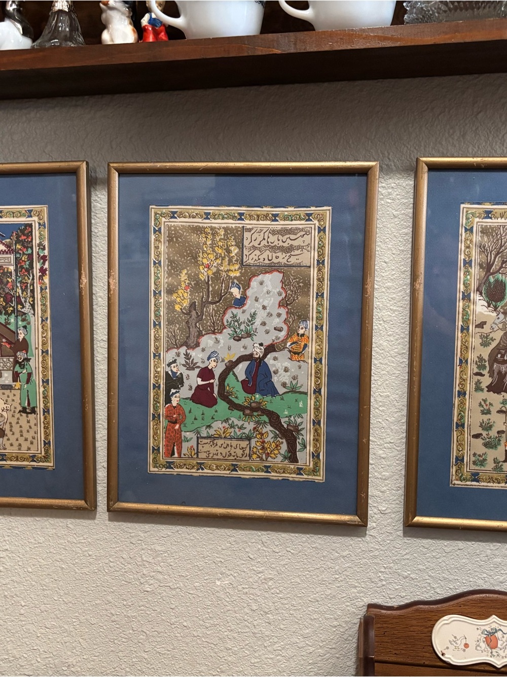 Framed Traditional Persian Art Print in Blue and Gold set of 3